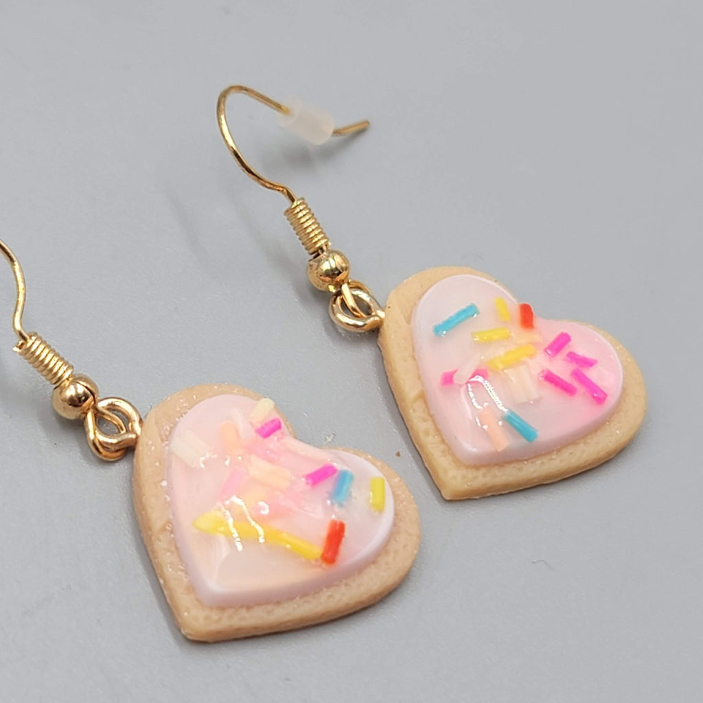 Heart Cookie Dangle Pierced Earrings Pink Frosting Sprinkles Gold tone Hook 7/8"