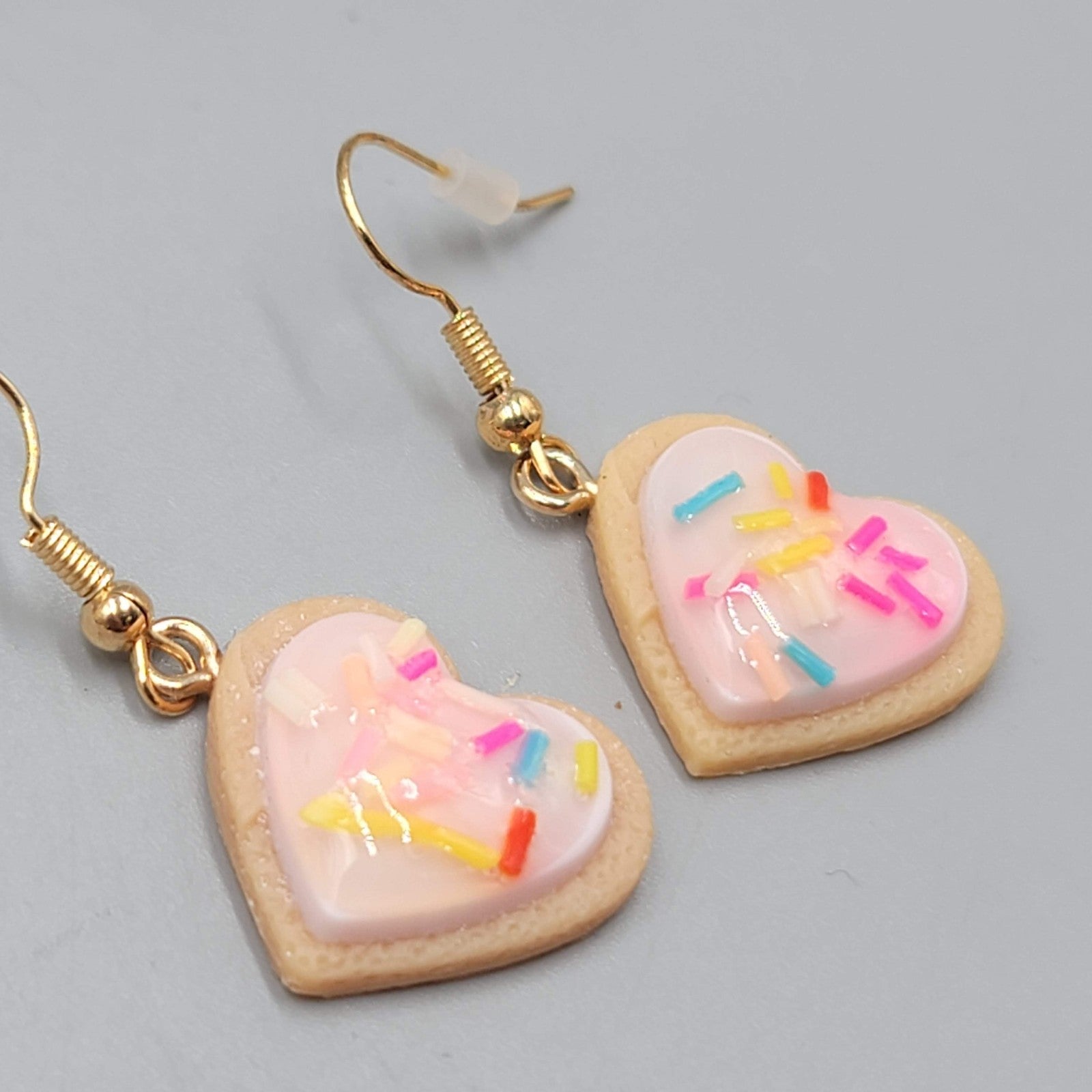 Heart Cookie Dangle Pierced Earrings Pink Frosting Sprinkles Gold tone Hook 7/8"