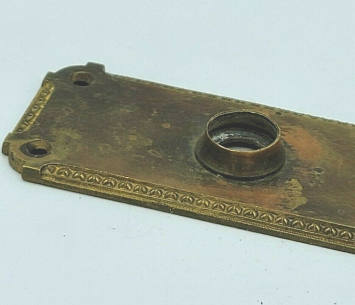 Antique Vintage Brass Doorknob Backplate 8" x 2 1/4"  holes 3"