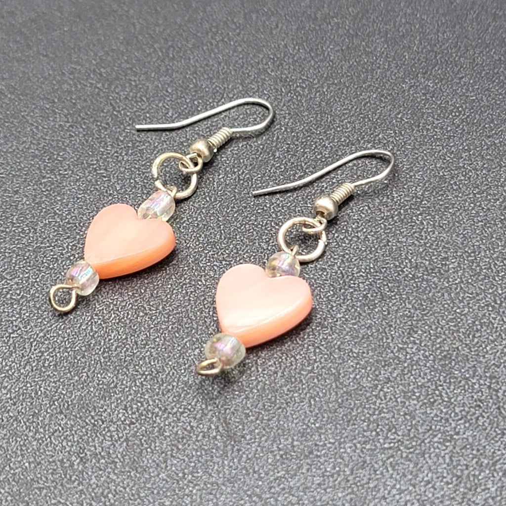 Pierced Earrings Silver tone Pink Mother of Pearl Heart 1"