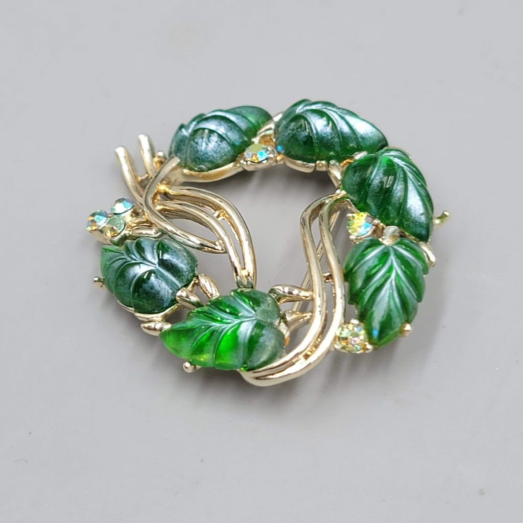 Vintage Molded Green Leaf Wreath Brooch AB Rhinestones Gold tone 1.75 in