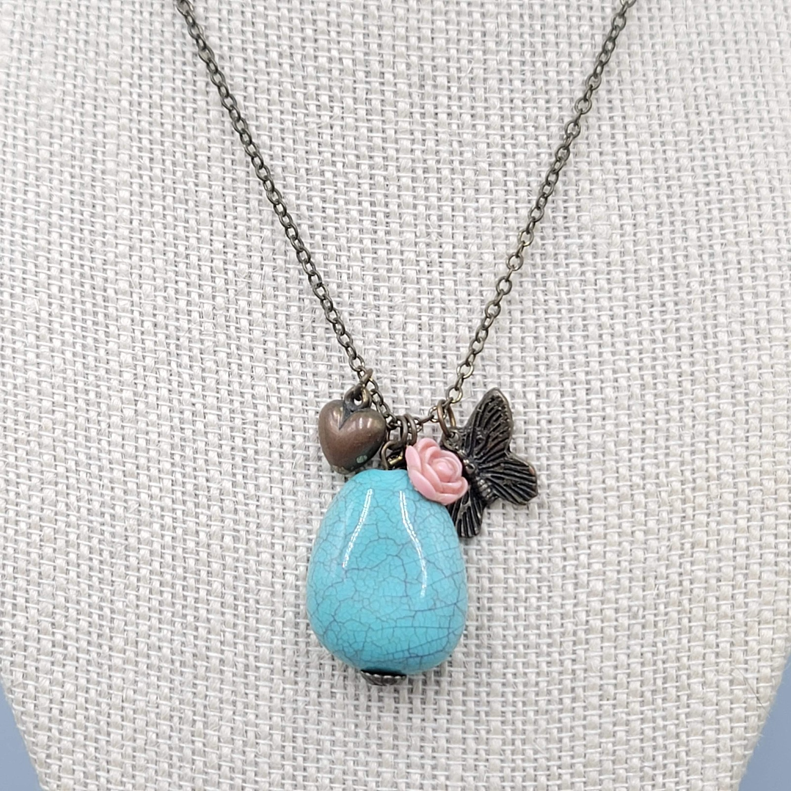 Bronze tone Charm Pendant Necklace Blue Stone Butterfly Heart Flower 16"-18"