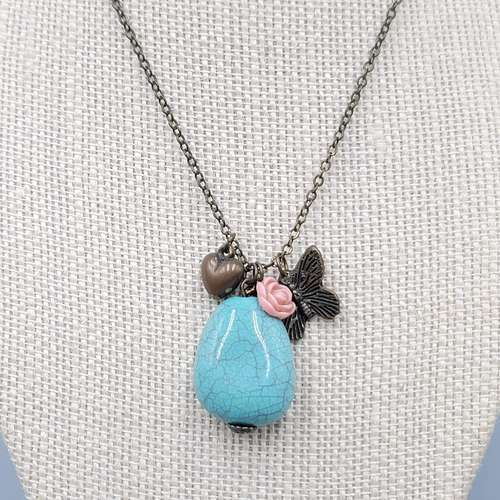 Bronze tone Charm Pendant Necklace Blue Stone Butterfly Heart Flower 16"-18"