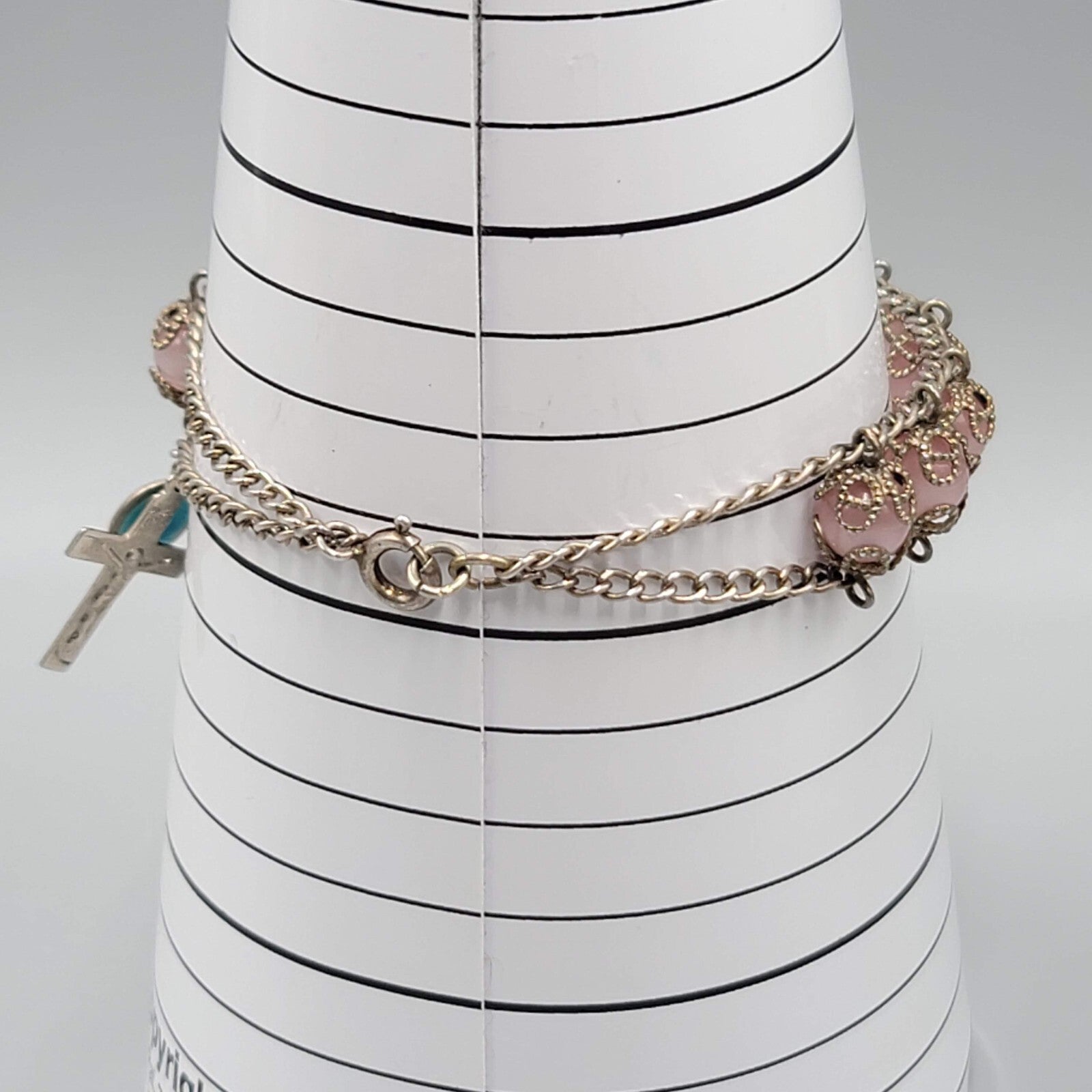 Vintage Sterling Rosary Pink Moonglow Capped Beads Bracelet 7"
