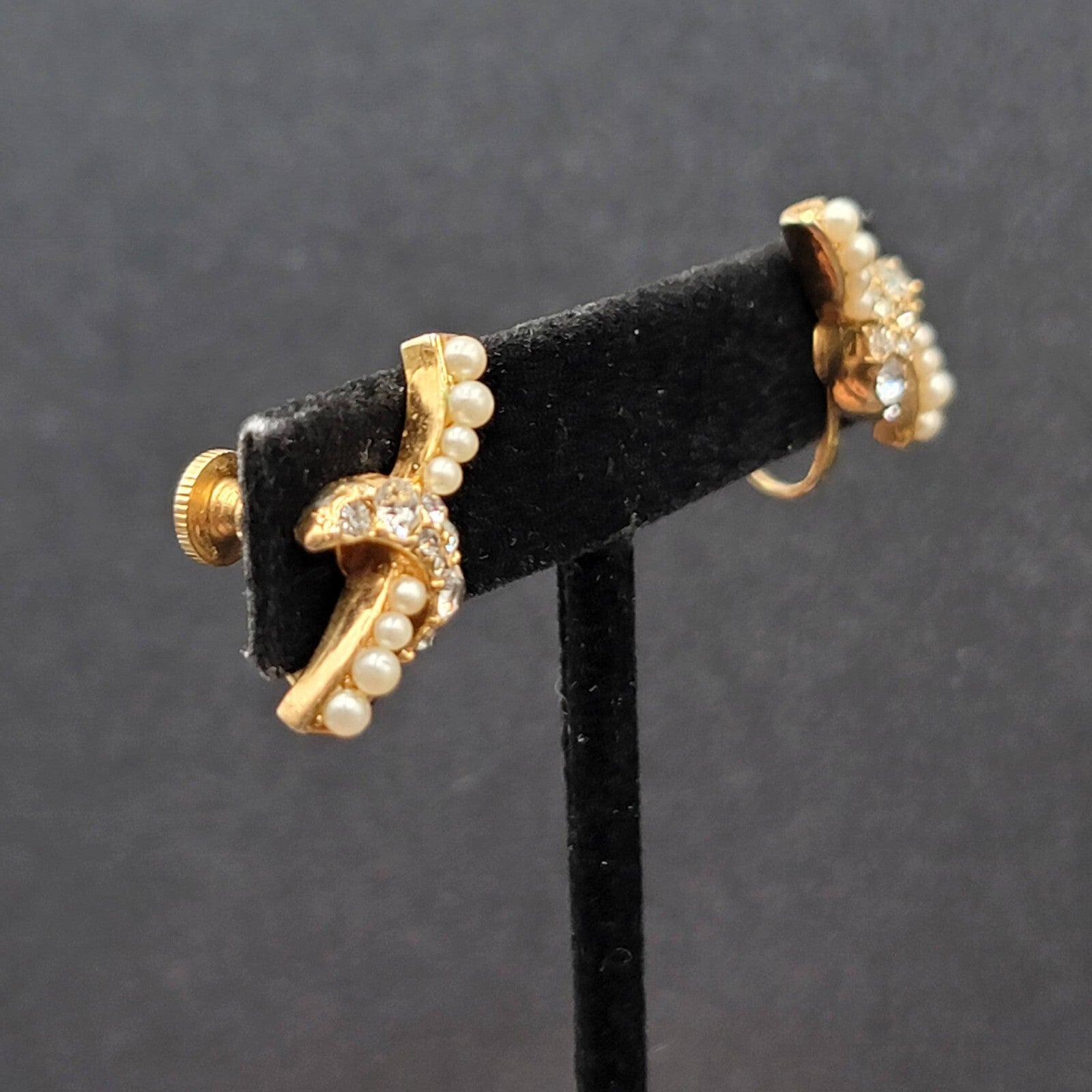 Vintage Clip on Earrings Gold tone Rhinestone Drop 7/8"