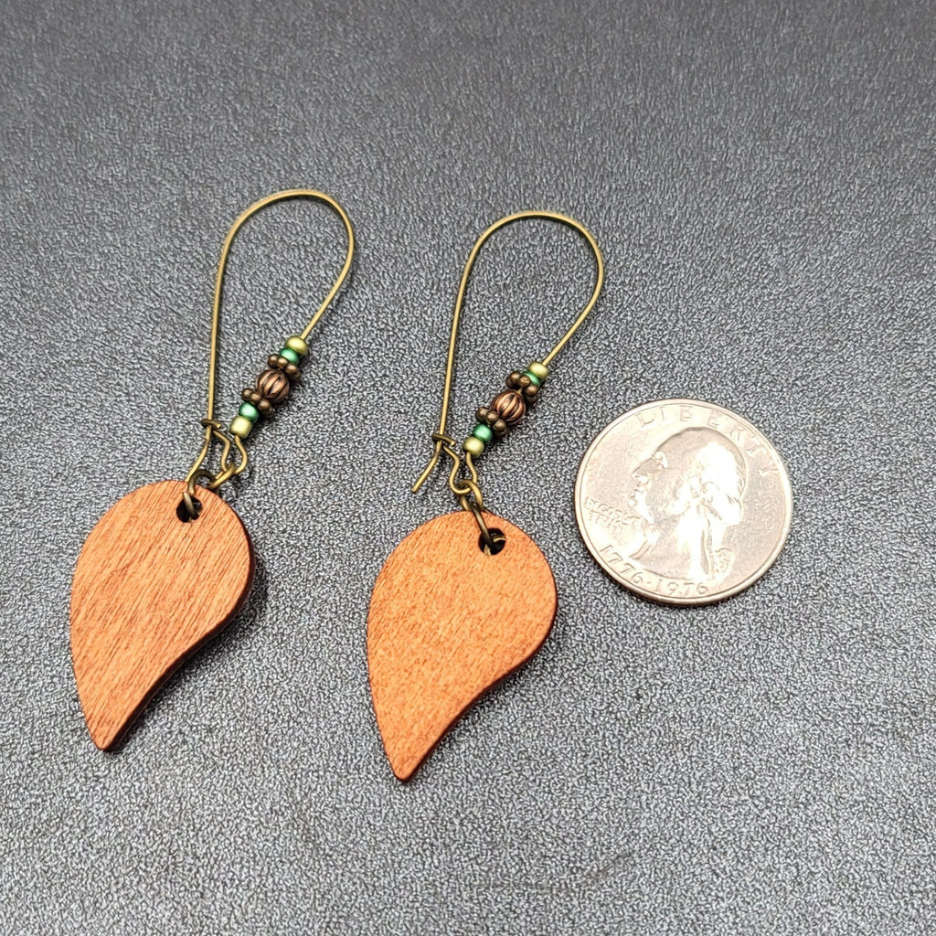 New Boho Pierced Earrings Gold tone Wood Leaf Beaded Dangle 2.75"