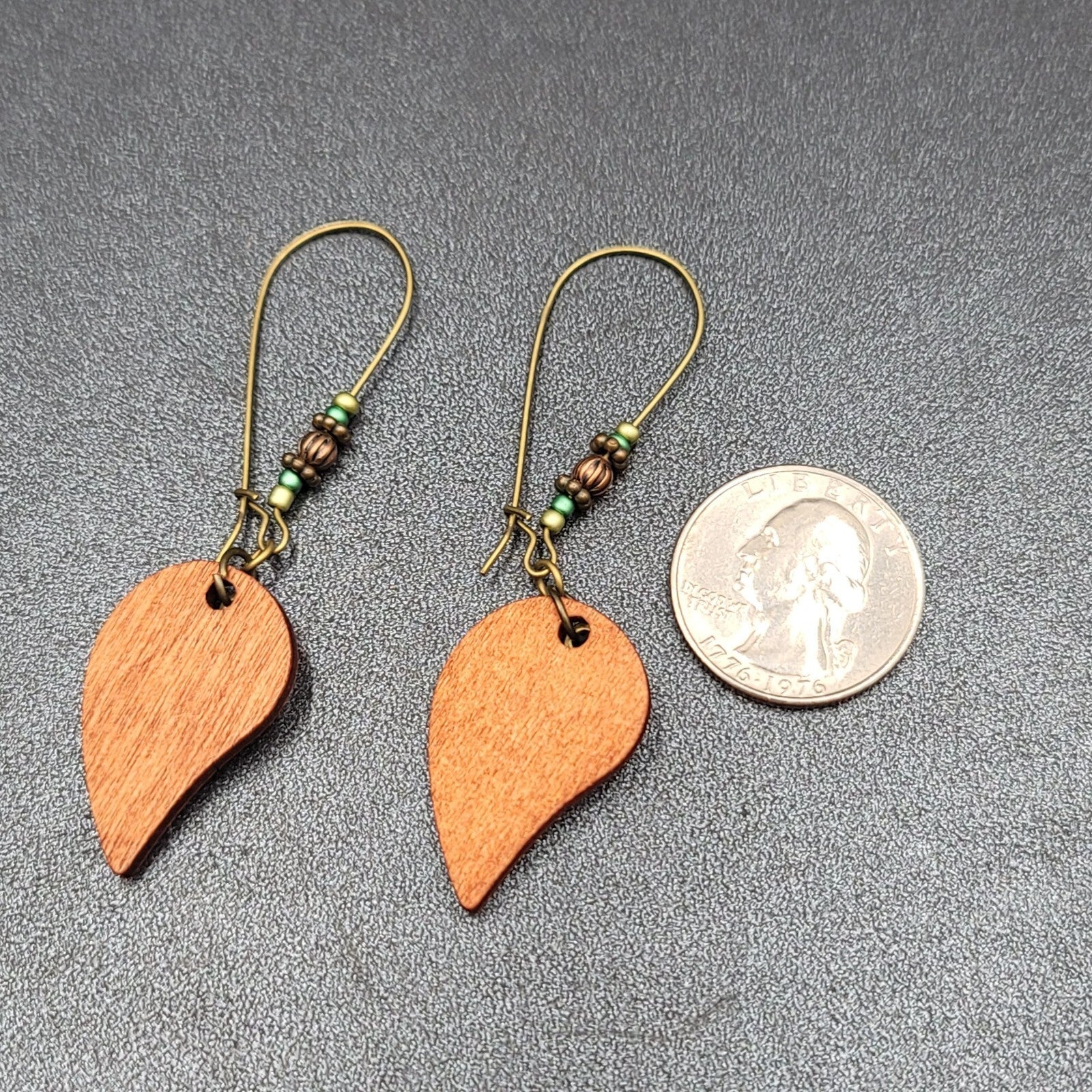New Boho Pierced Earrings Gold tone Wood Leaf Beaded Dangle 2.75"