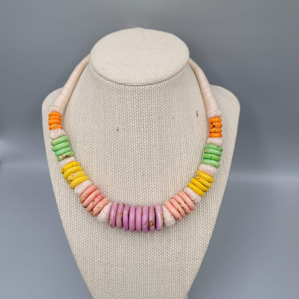 Ashanti Krobo Handmade Beads Necklace African Pastel Colors Thread Wrap 17"