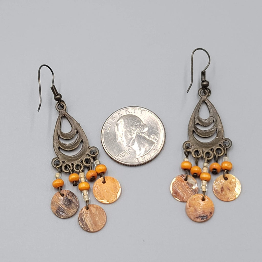 Bronze tone Chandelier Pierced Earrings Wood Bead Orange Shell Dangle 2"