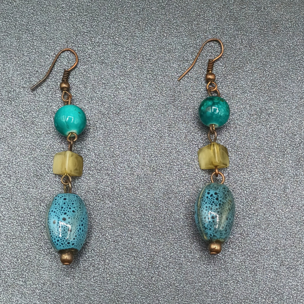 Pierced Earrings Blue Green Art Pottery Beaded Statement Dangle 2"