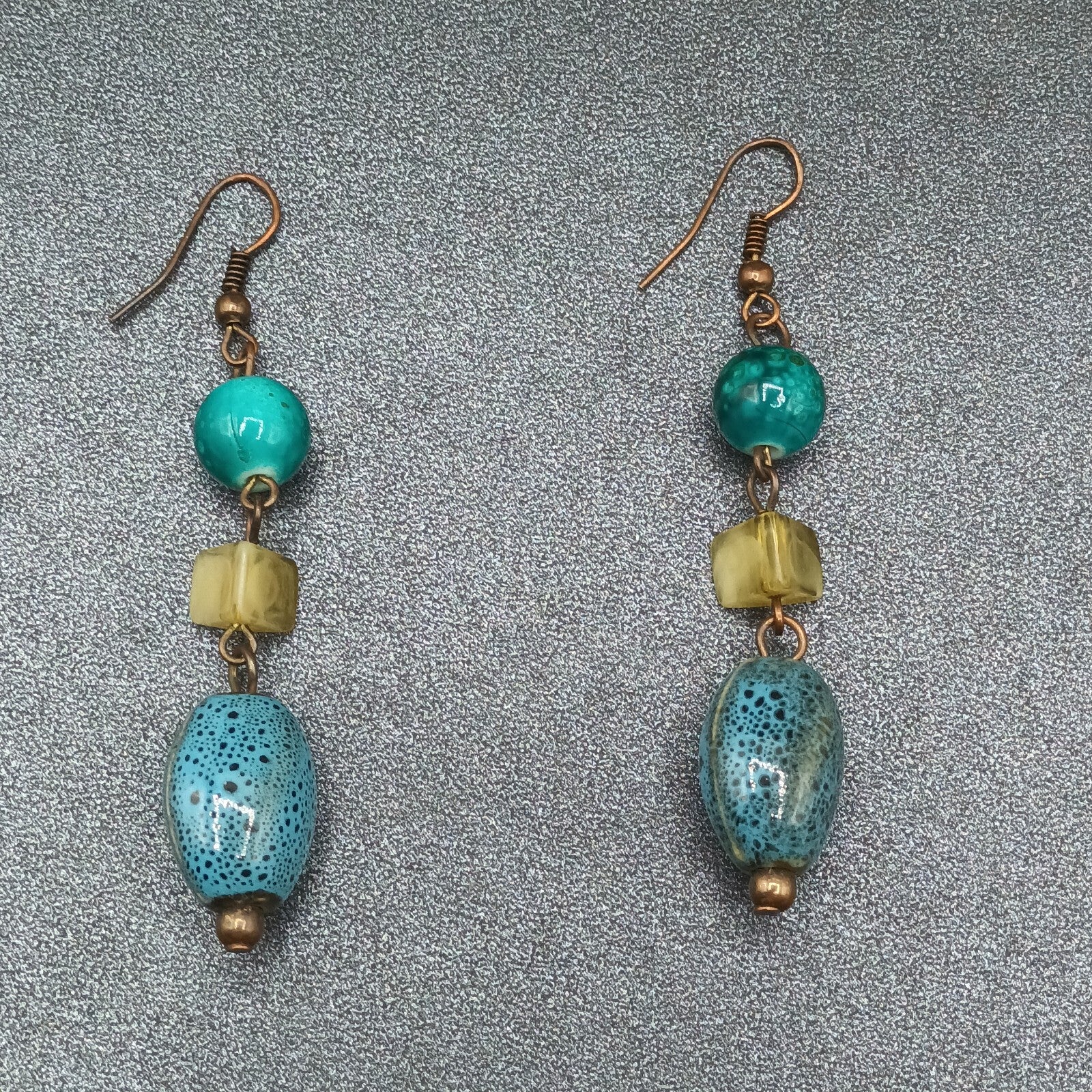 Pierced Earrings Blue Green Art Pottery Beaded Statement Dangle 2"