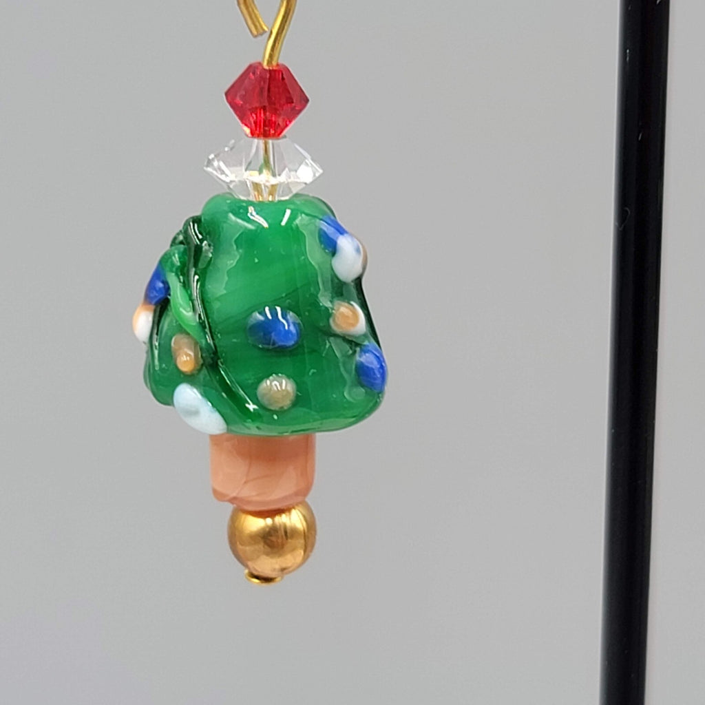 Christmas Tree Pierced Earrings Art Glass Bead Dangle 1.25"
