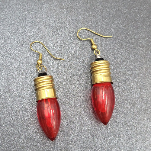 Christmas Pierced Earrings Gold tone Red Christmas Bulbs 1.75"