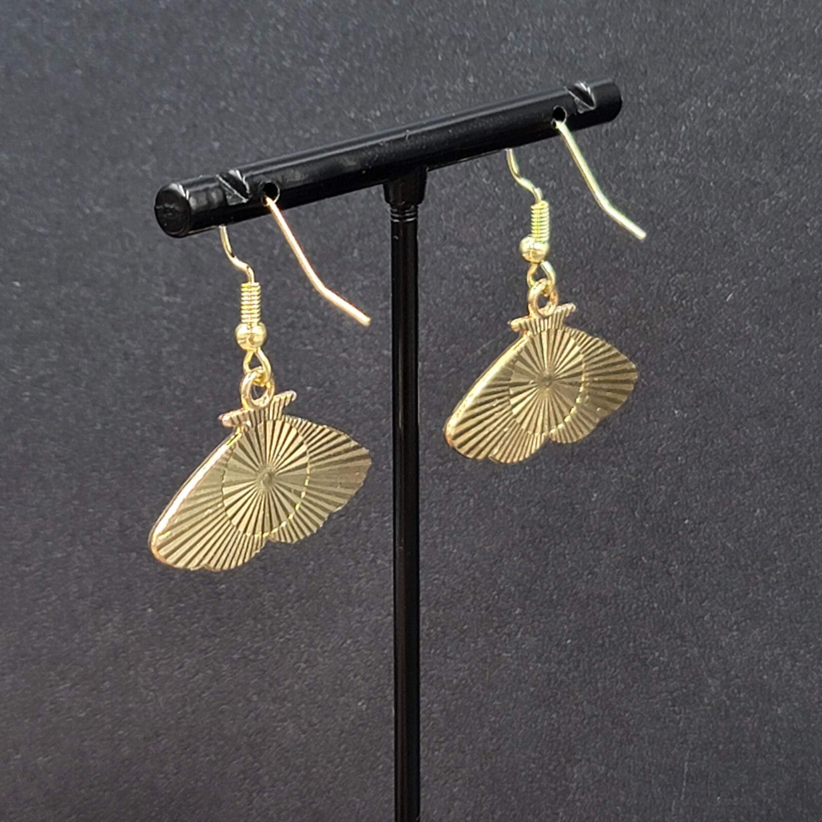 Moth Pierced Earrings Gold tone Pink Black Moons Enamel Dangle 5/8"