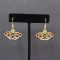 Pierced Earrings Gold tone Enamel Red Rose Moth Dangle 3/4"