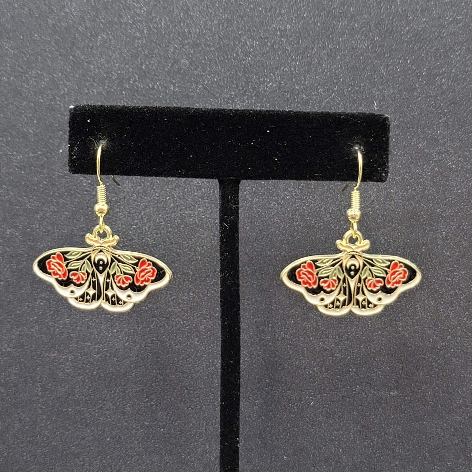 Pierced Earrings Gold tone Enamel Red Rose Moth Dangle 3/4"
