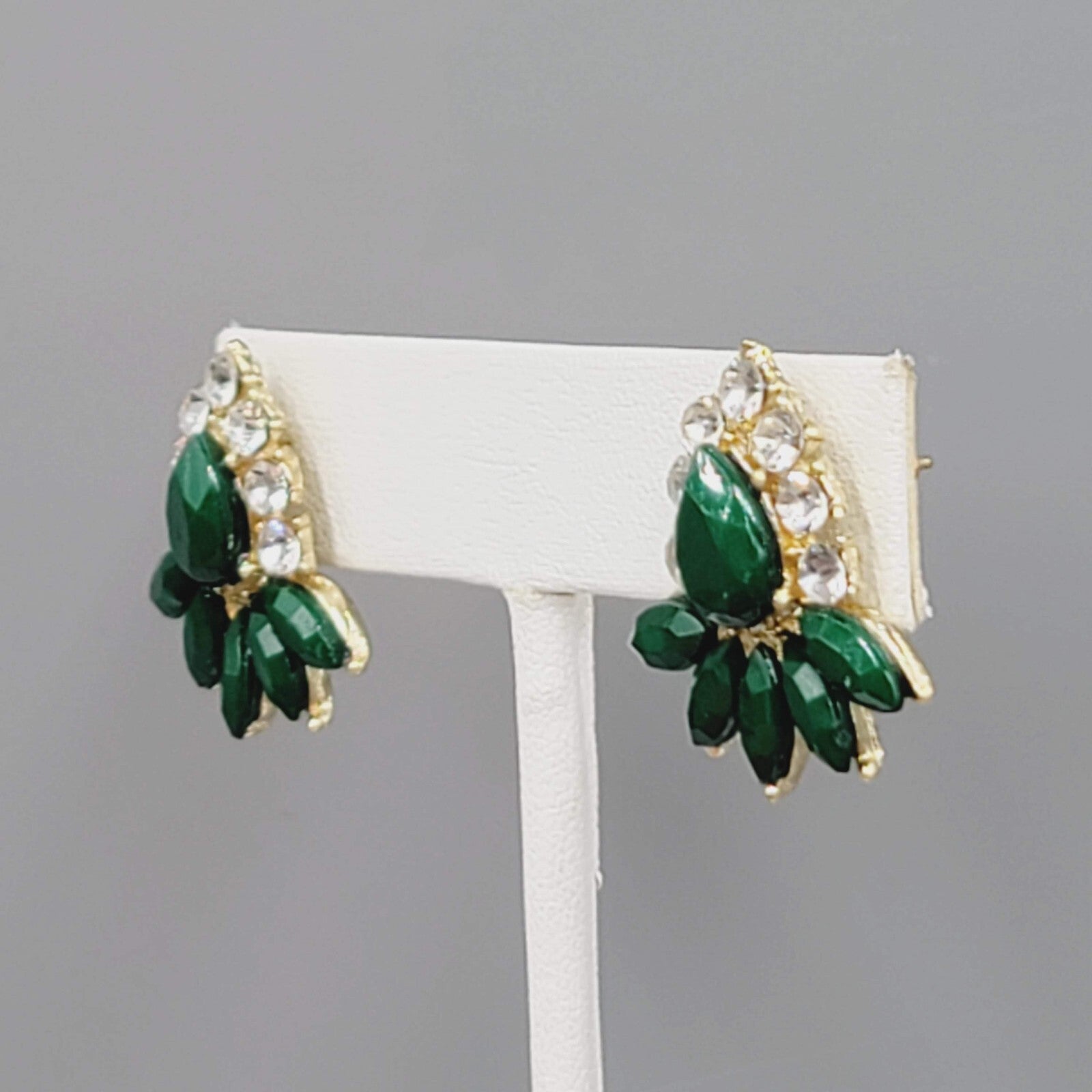 Pierced Earrings Gold tone Green Accent Statement Drop 1"