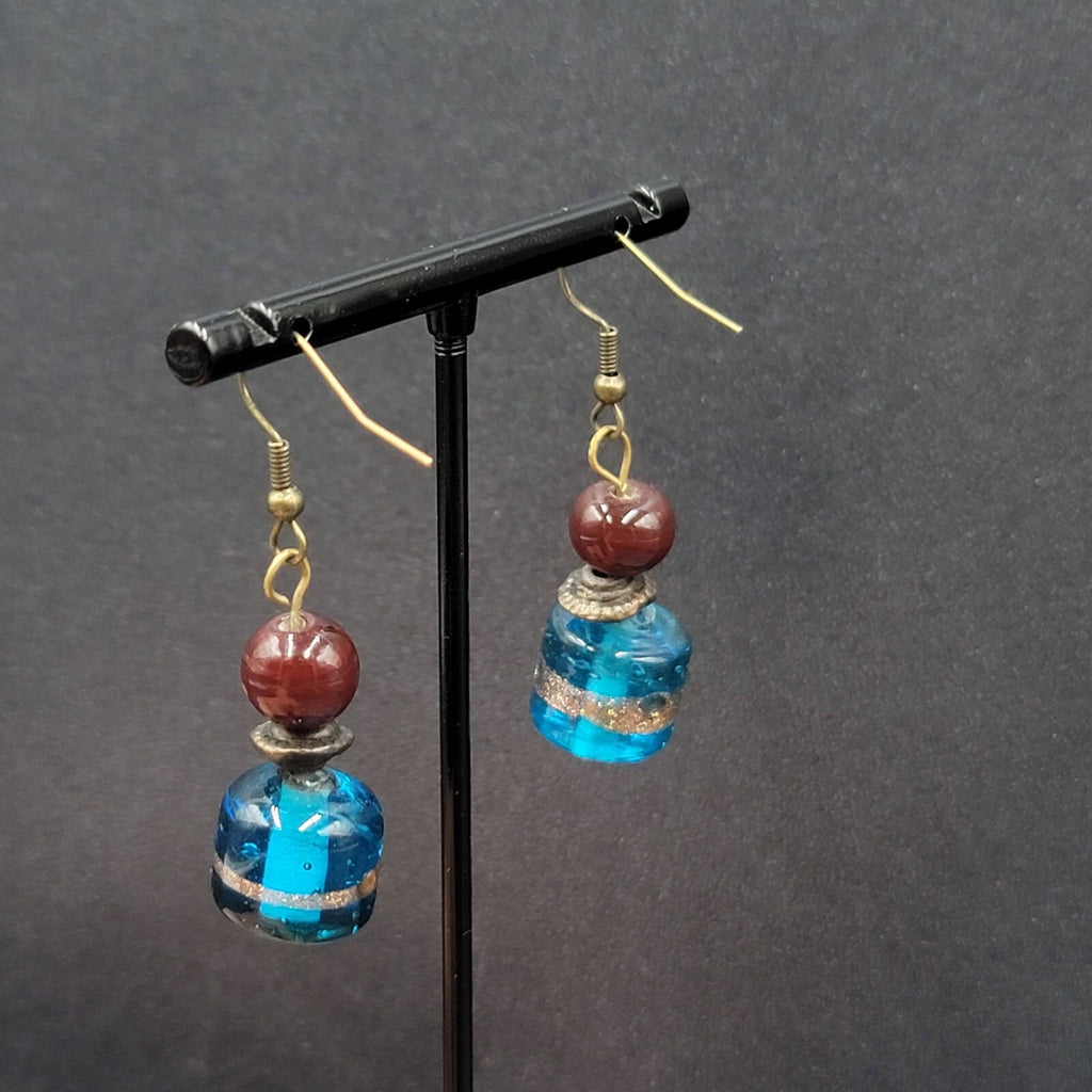 Pierced Earrings Bronze tone Art Glass Blue Bead Dangle 1.25"