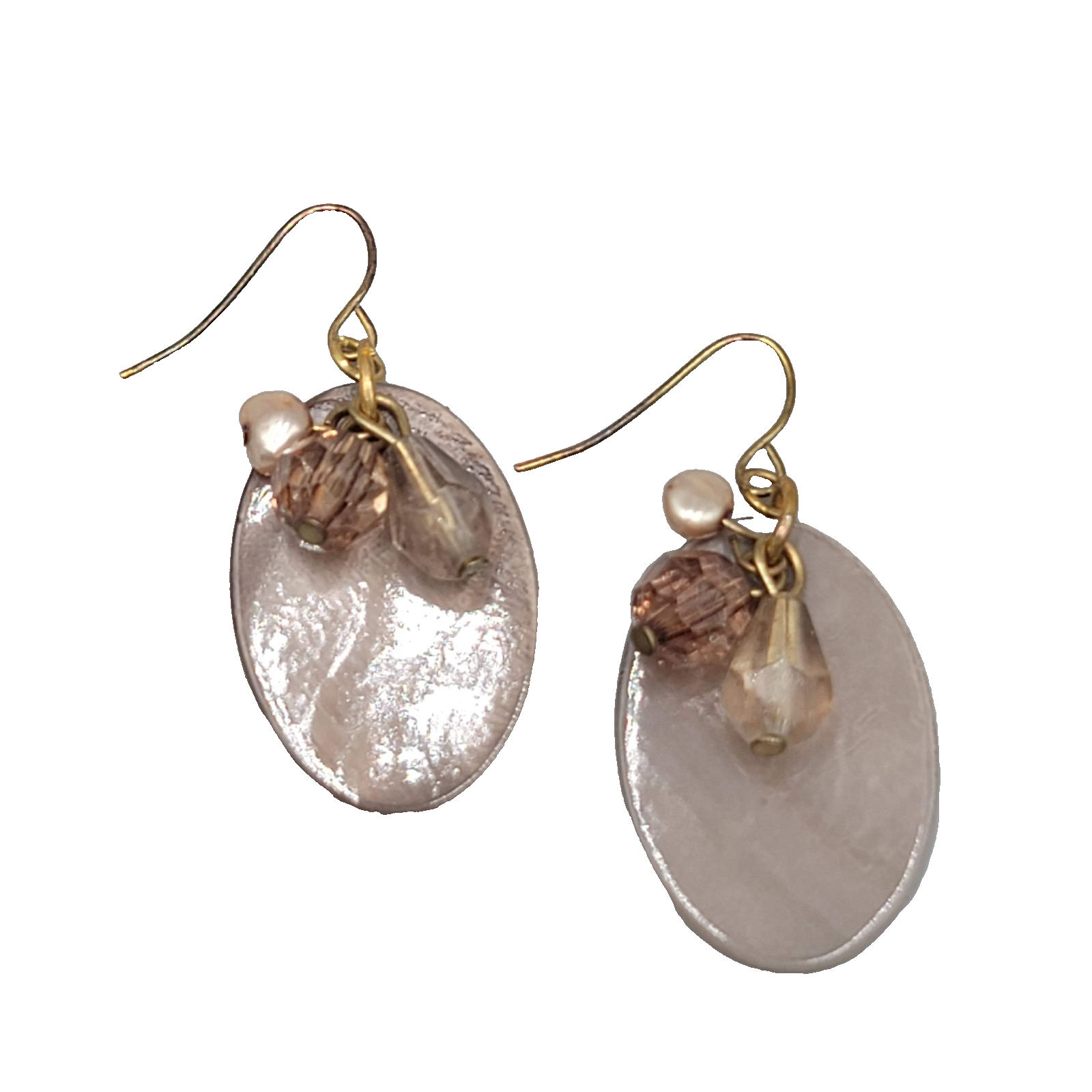Oval Shell Pearl Bead Dangle Pierced Earrings Gold tone 1.25"
