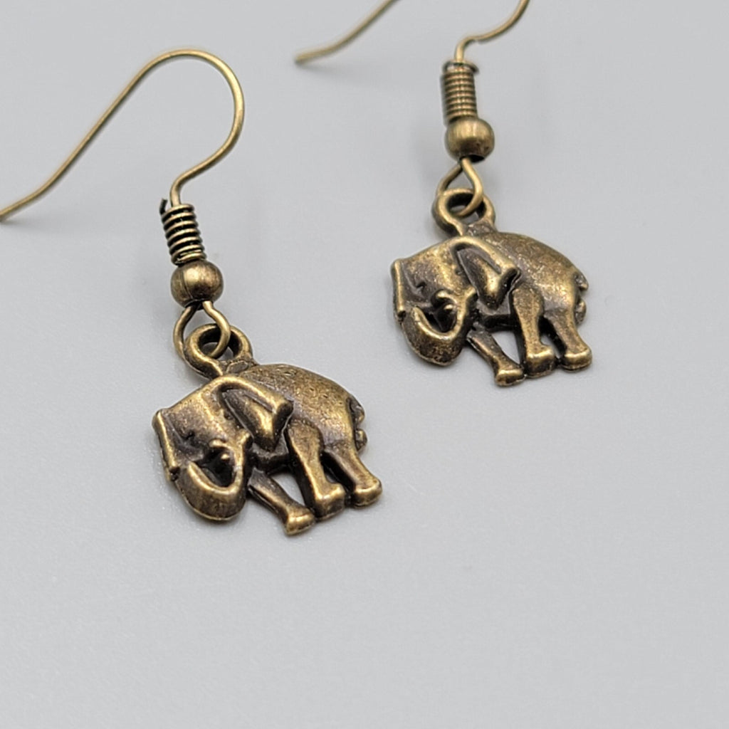 Elephant Pierced Earrings Bronze tone Embossed Dangle 5/8"