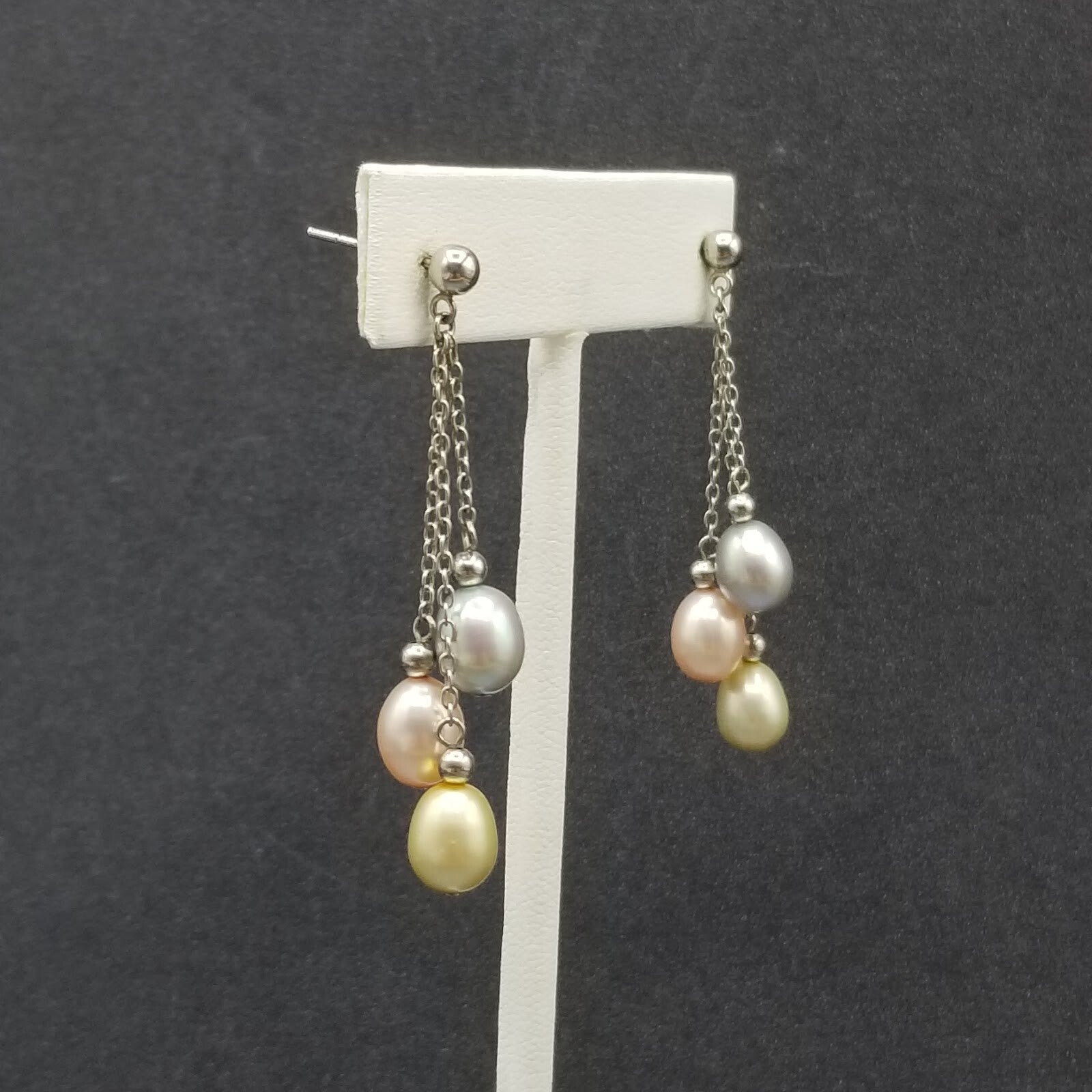 Pierced Earrings Sterling Chain Multicolor Pearl Dangle 1 3/4"
