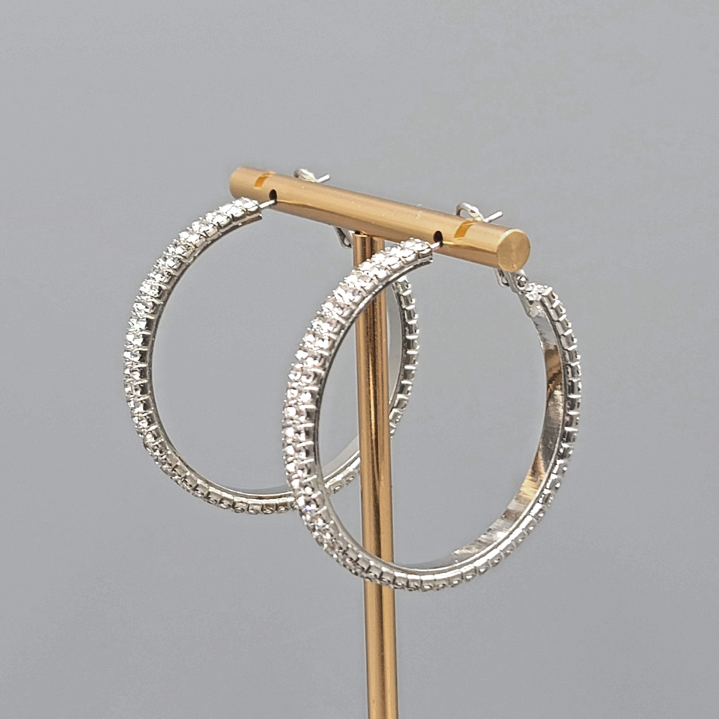 Rhinestone Studded Round Hoops Pierced Earrings Silver tone 1.5 in
