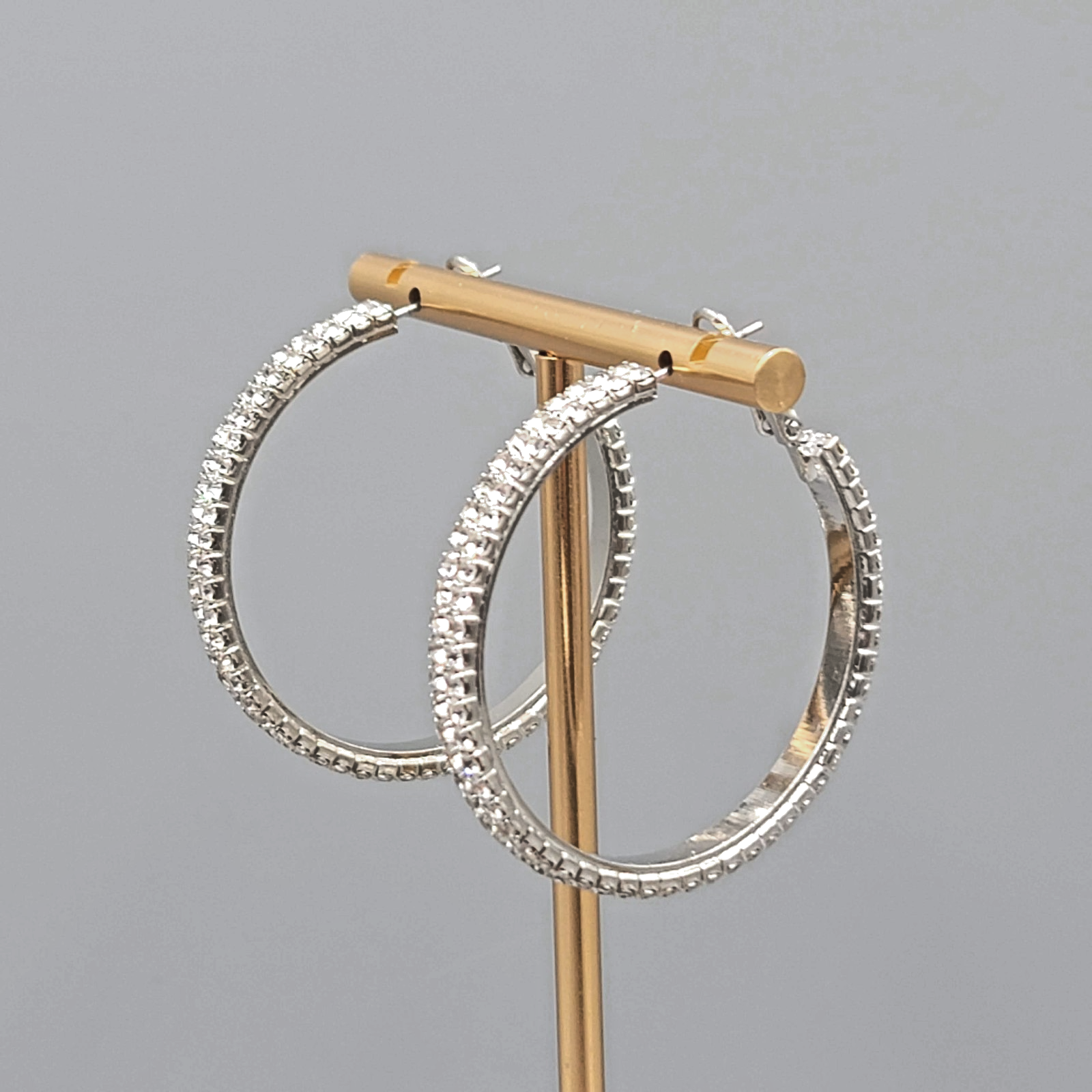 Rhinestone Studded Round Hoops Pierced Earrings Silver tone 1.5 in