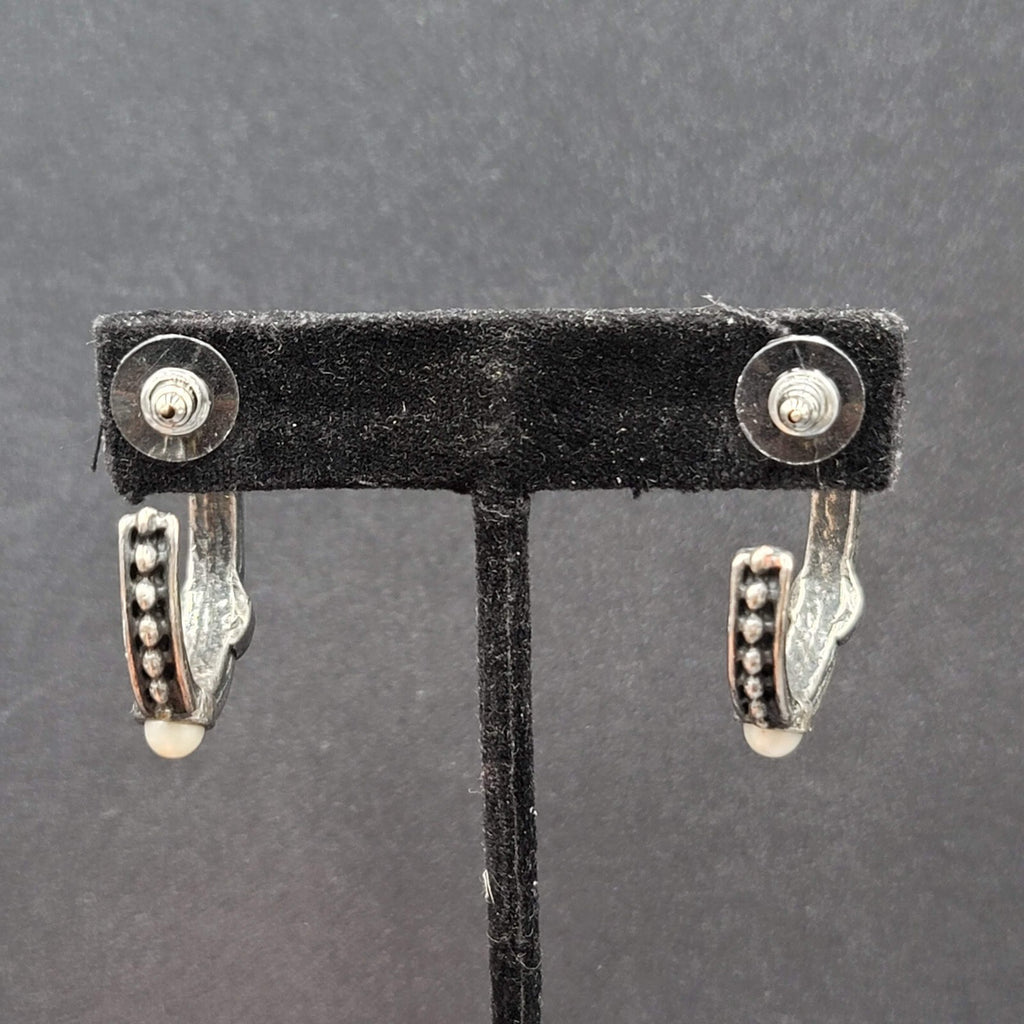 Pierced Earrings Silver tone Faux Pearl Hoops  1.25"
