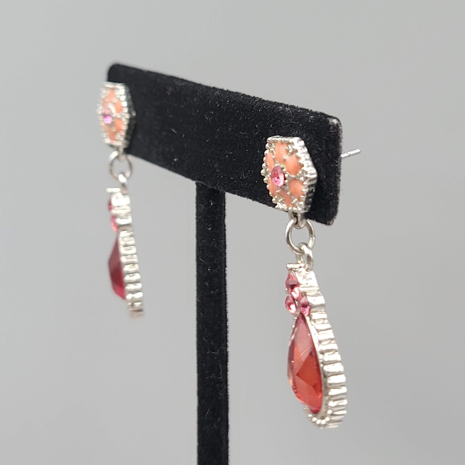 Pierced Earrings Gold tone Pink Rhinestone Teardrop Dangle 1.5"