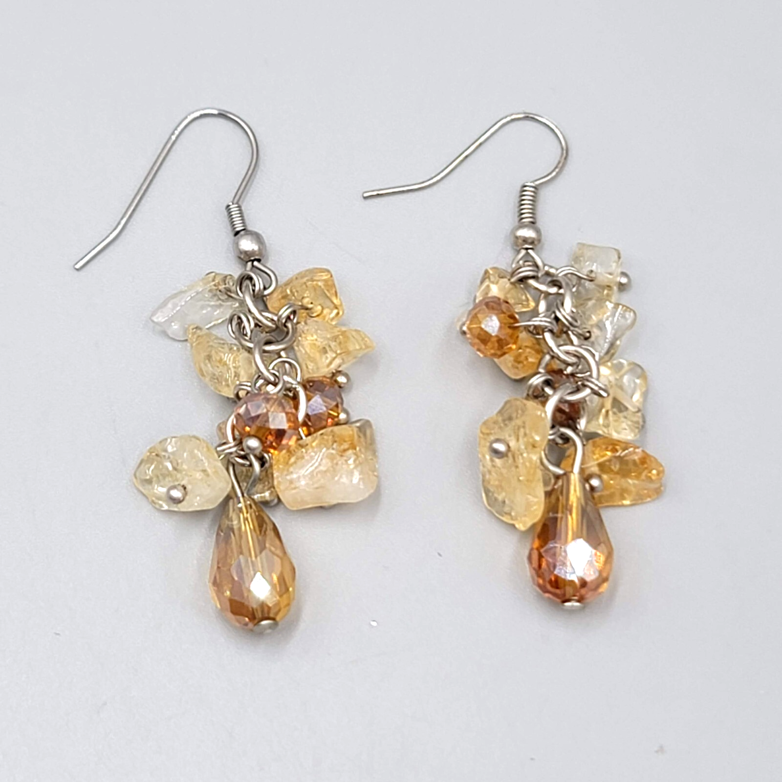 Quartz and Crystal Cluster Beads Pierced Earrings Silver tone Dangle 1.5"