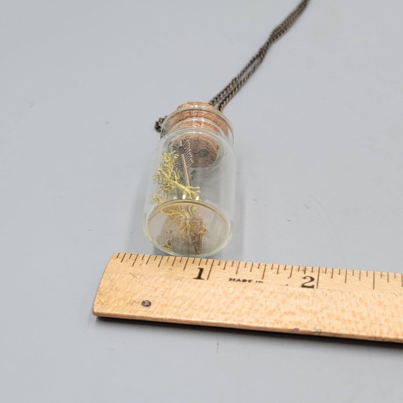 Artisan Glass Bottle Moss Arrows Pendant Necklace Long Bronze tone Chain 32 in
