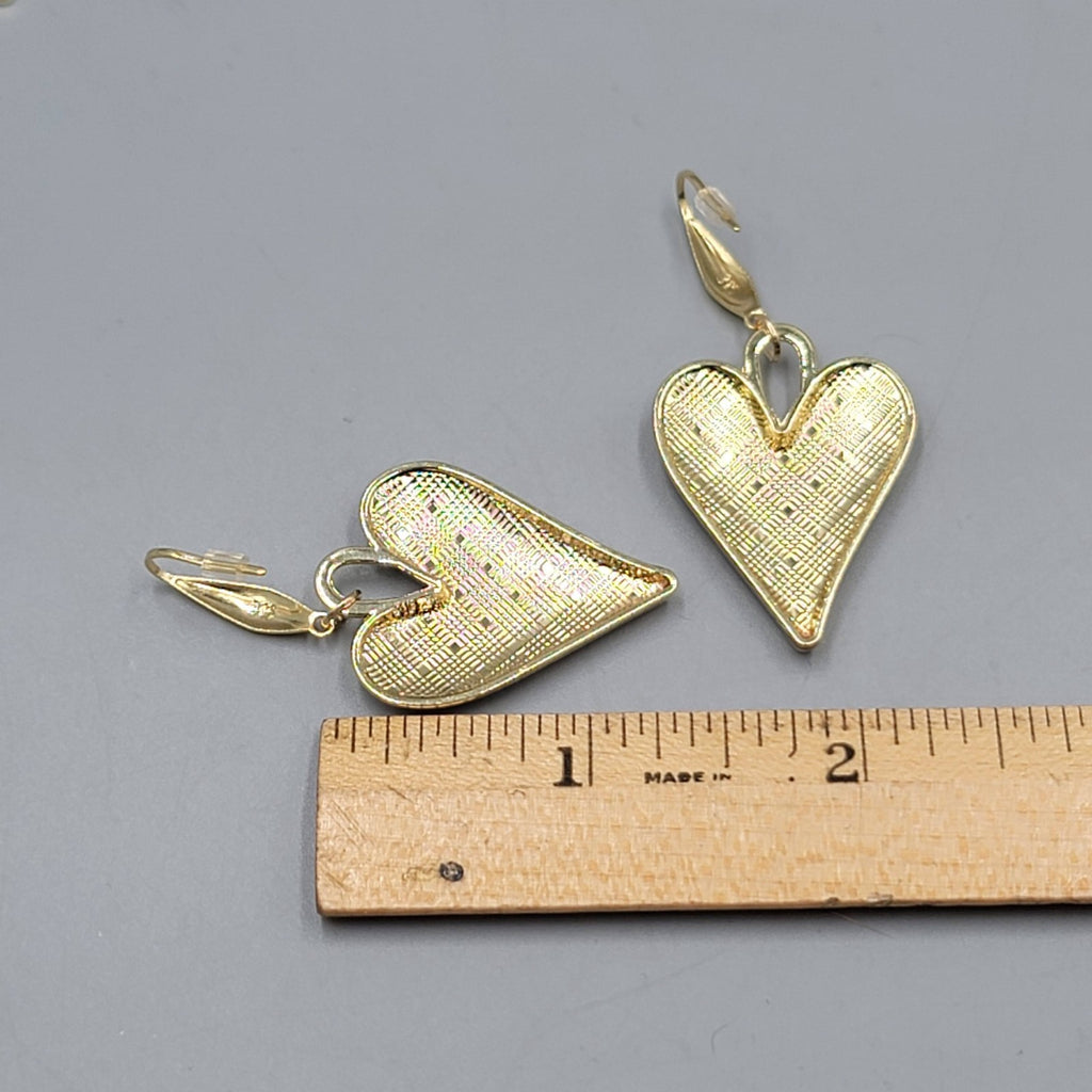 Green Enamel Checkered Heart Pierced Earrings Gold tone Dangle Large 1.5"
