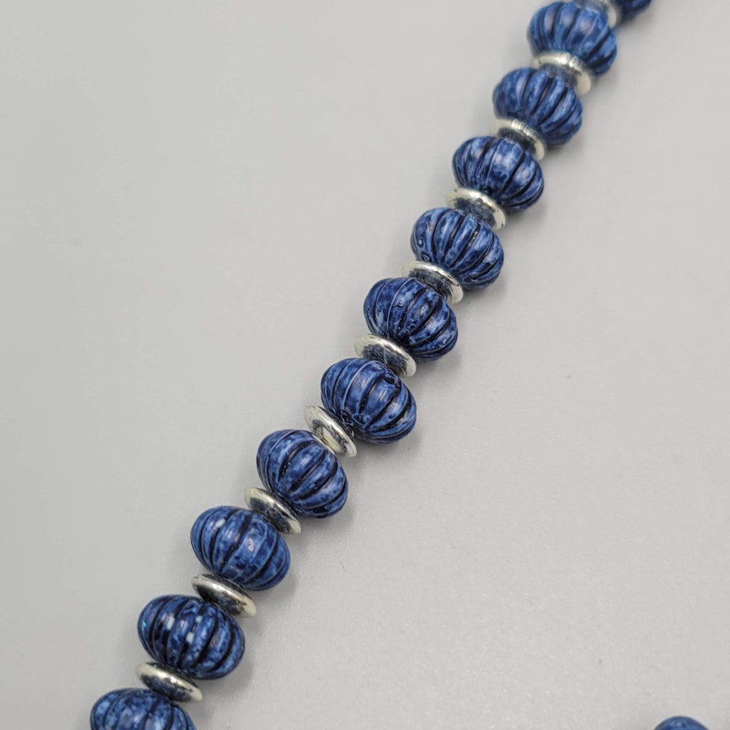 Vintage Textured Blue Bead Necklace Silver tone Spacers 24"