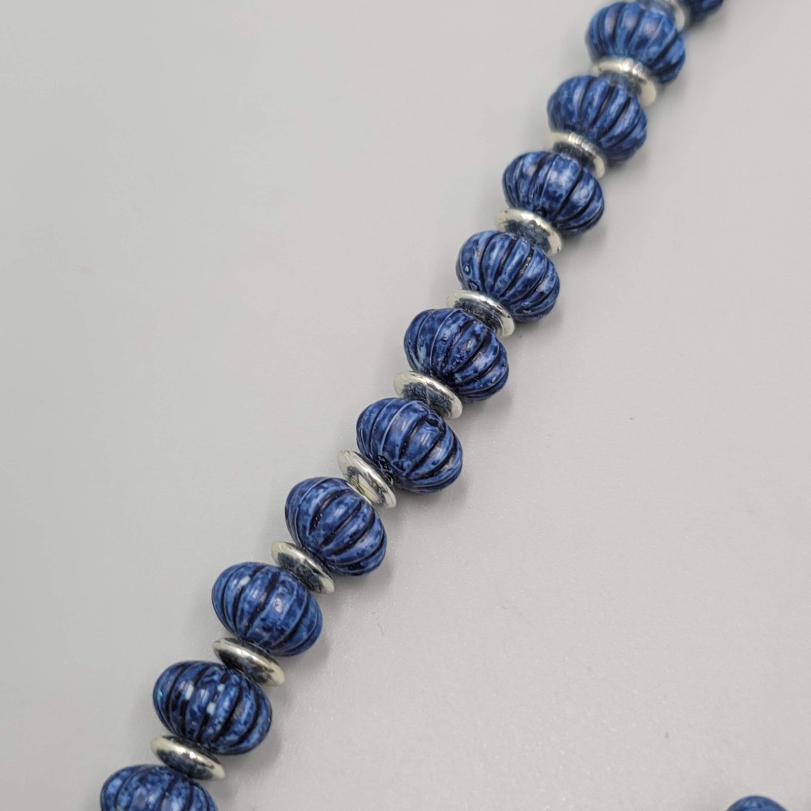 Vintage Textured Blue Bead Necklace Silver tone Spacers 24"