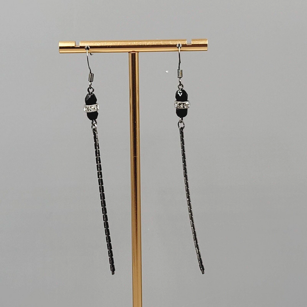 Black Metal Chain Pierced Earrings Rhinestone Bead Dangle 3"