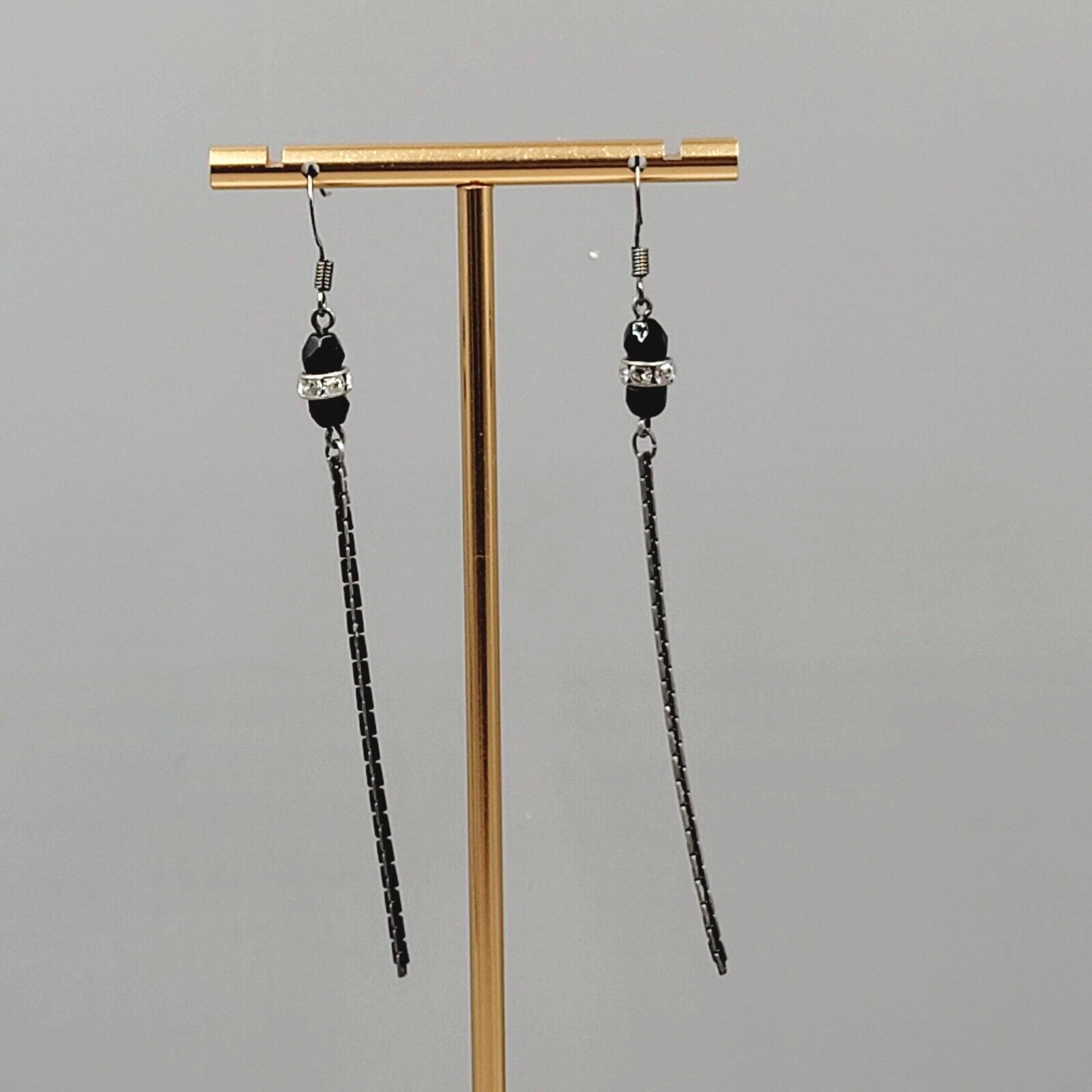 Black Metal Chain Pierced Earrings Rhinestone Bead Dangle 3"