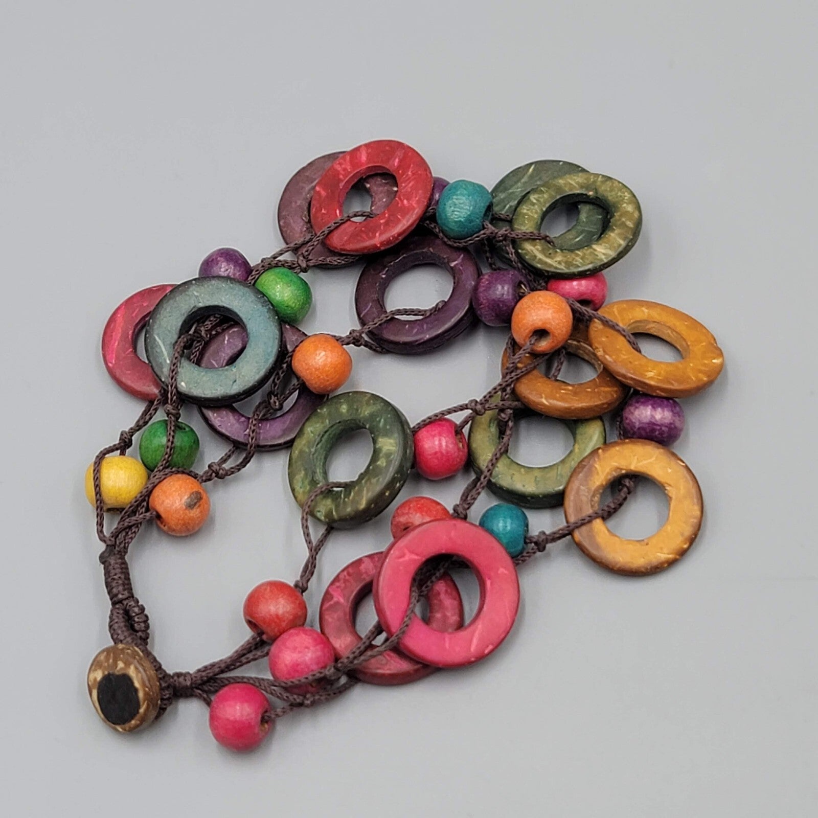 Multicolor Coconut Shell and Wood Bead Bracelet Button Closure 7.5"