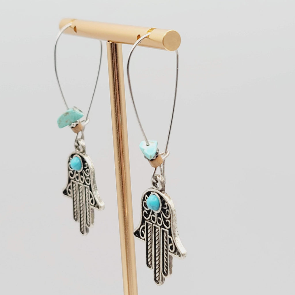 Hamsa Hand Boho Bead Pierced Earrings Silver tone Dangle  2.5 in