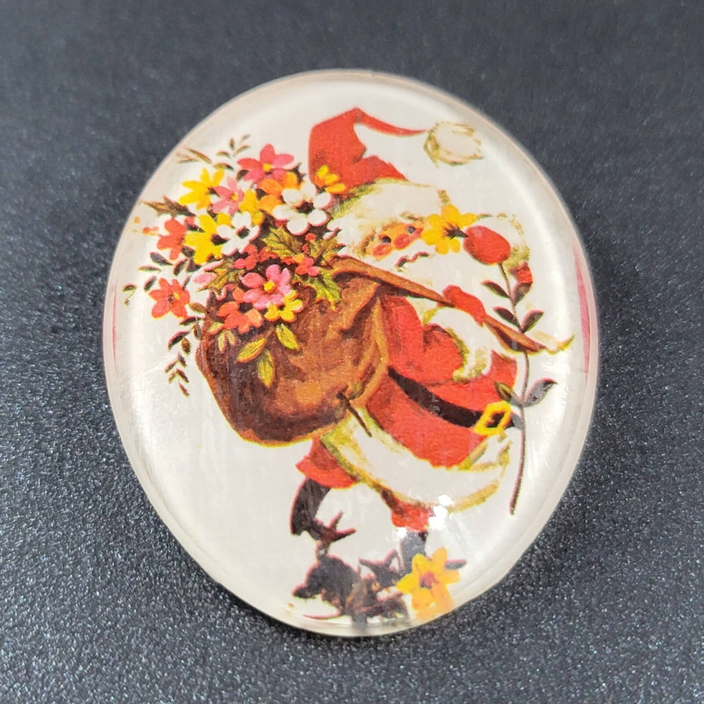 Vintage Christmas Brooch Pin Santa w Flowers Oval Glass 1.75"