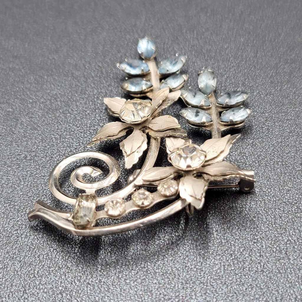 Vintage Brooch Blue Rhinestone Silver tone Pendant 2.25" Estate Jewelry