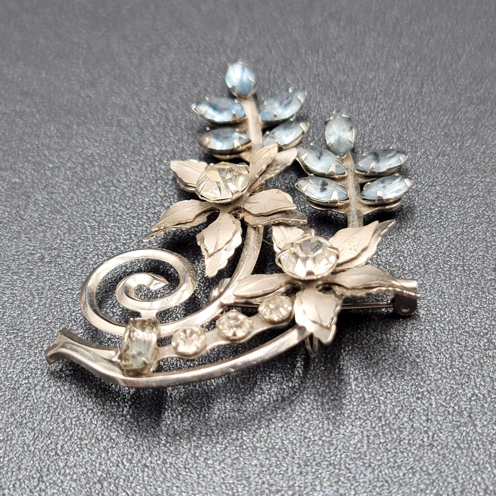 Vintage Brooch Blue Rhinestone Silver tone Pendant 2.25" Estate Jewelry