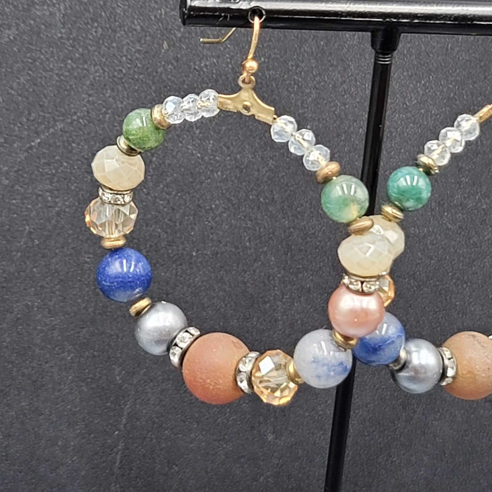 Pierced Earrings Multicolor Stones and Beads Large Hoops 2"