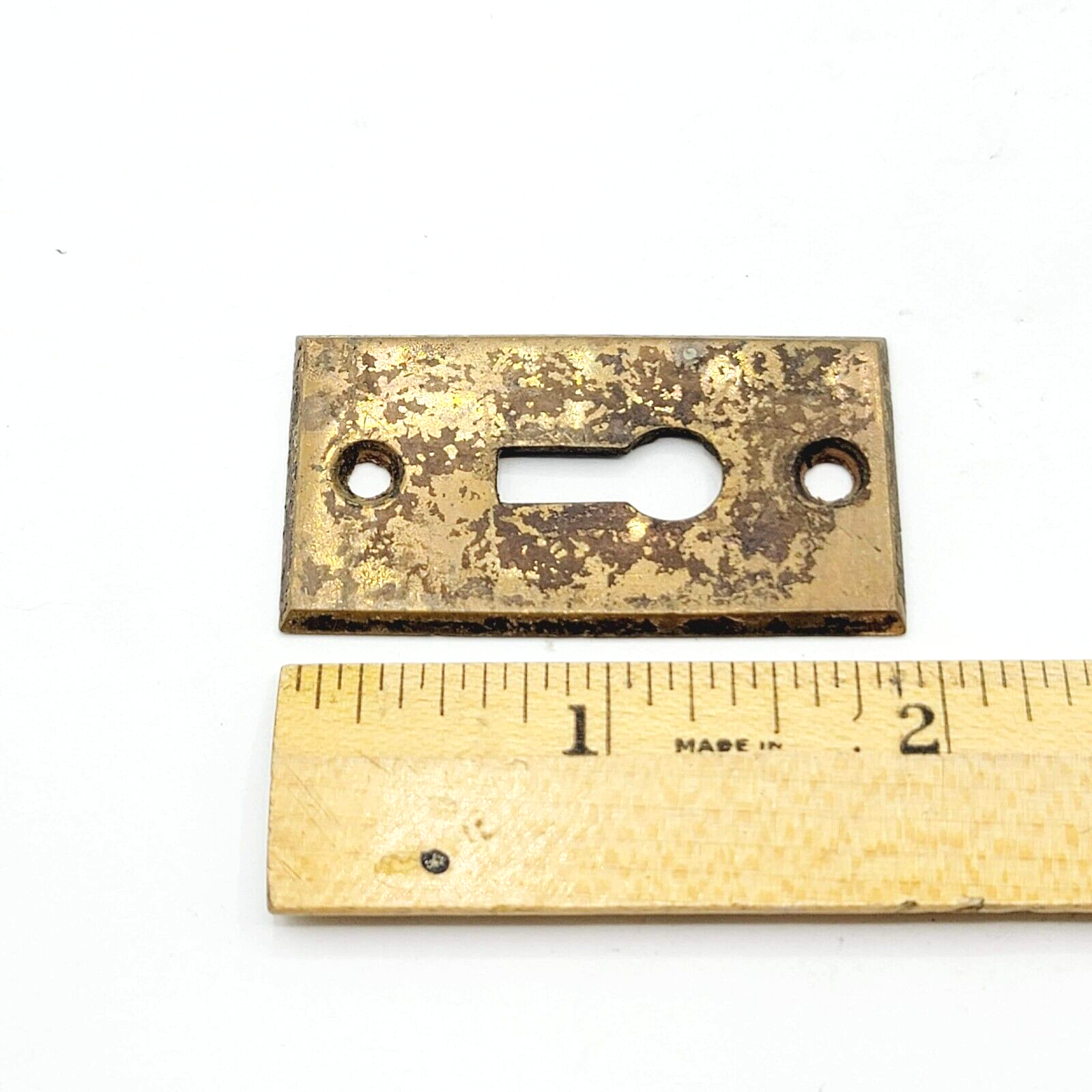 Vintage Brass Rectangle Skeleton Key hole Escutcheon Salvage 1 7/8" x 1"