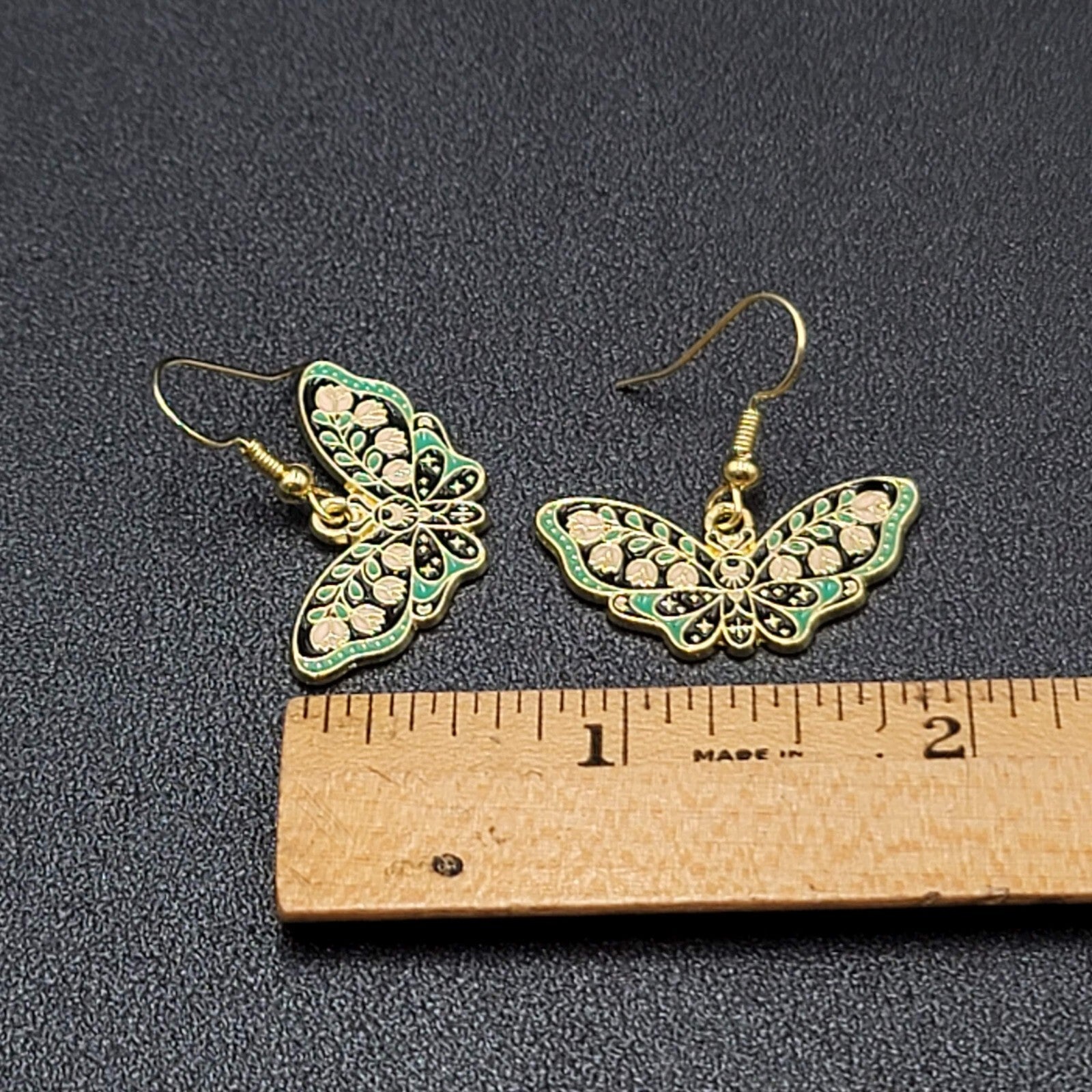 Moth Pierced Earrings Gold tone Green Pink Black Enamel Dangle 1/2"