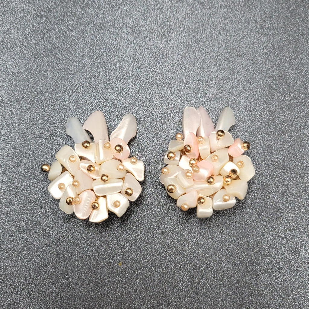 Vintage Clip on Earrings Large Statement Shell Climber Cluster Beads 1.75"