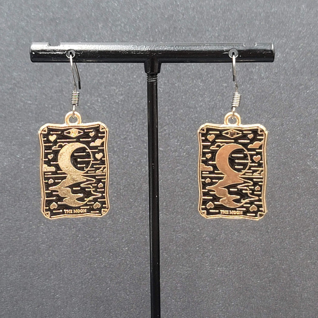Tarot Card Pierced Earrings The MOON Gold tone Black 1"