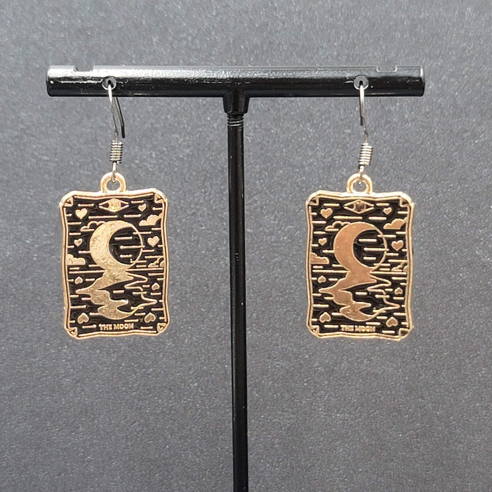 Tarot Card Pierced Earrings The MOON Gold tone Black 1"