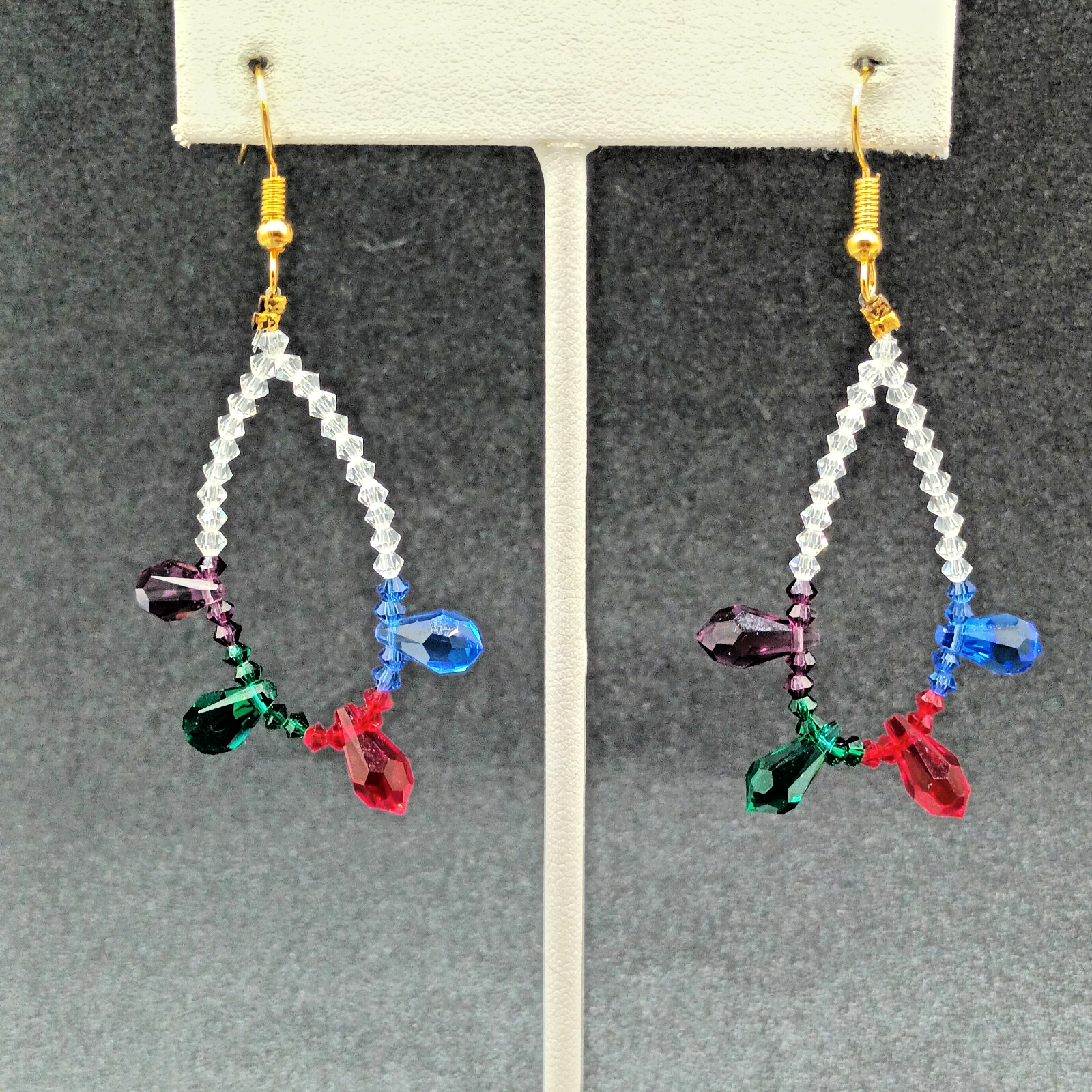 Vintage Pierced Earrings Gold tone Multicolor Faceted Crystal Bead Dang1e 3/4"