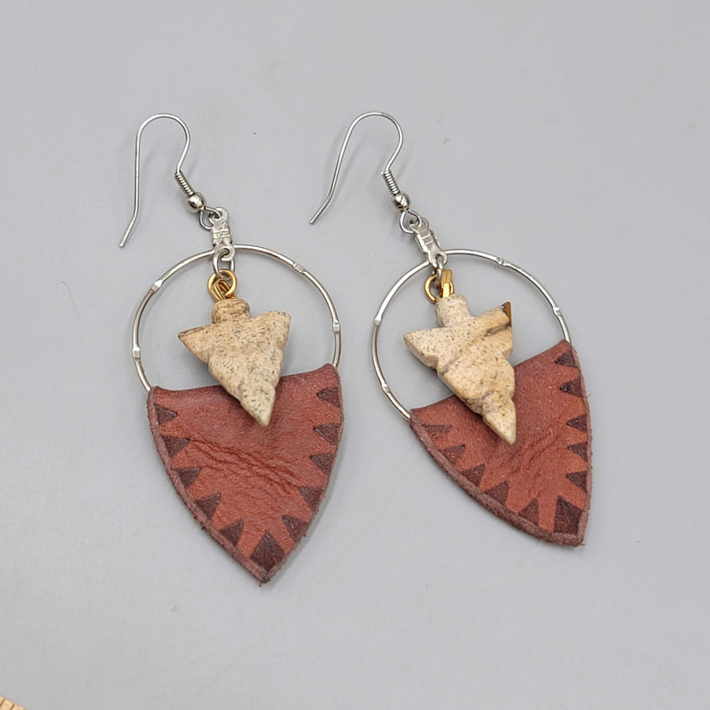 Arrowhead Pierced Earrings Boho Dangle Leather Stone Western Southwestern 2.25"