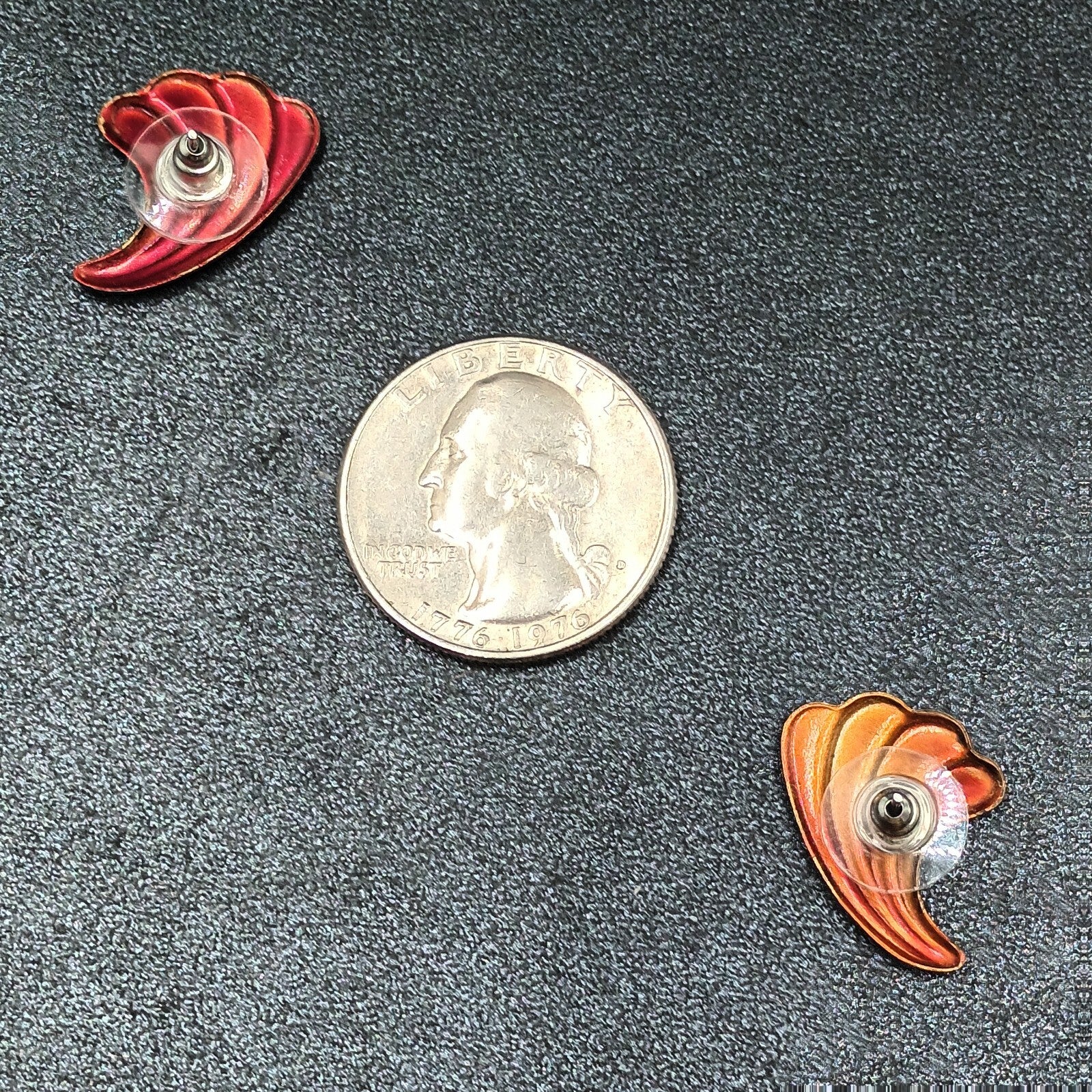 Vintage Pierced Earrings Red Enamel Textured Small Drop 3/4"